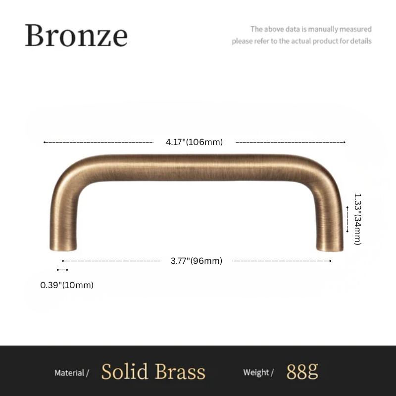 Bronze cabinet handle with dimensions and material details on a white background