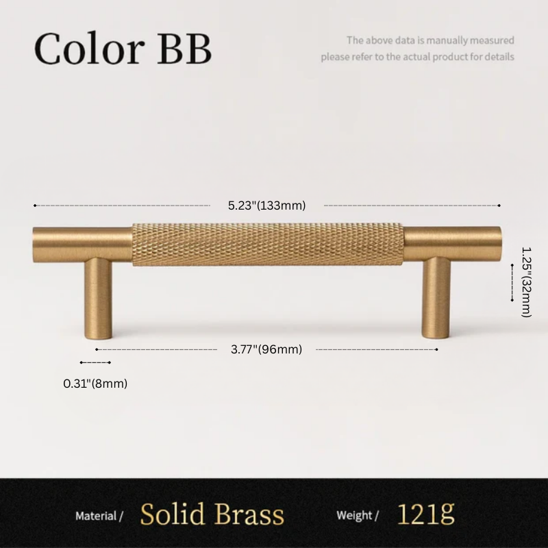 Gold cabinet handle with dimensions and material details on a white background