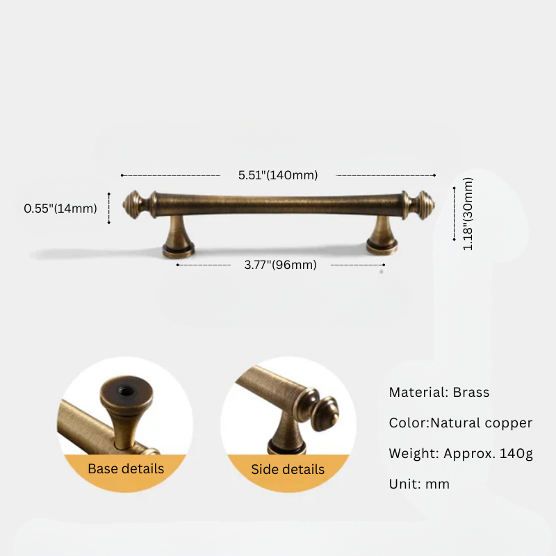 Brass cabinet handle with dimensions and material details on a white background