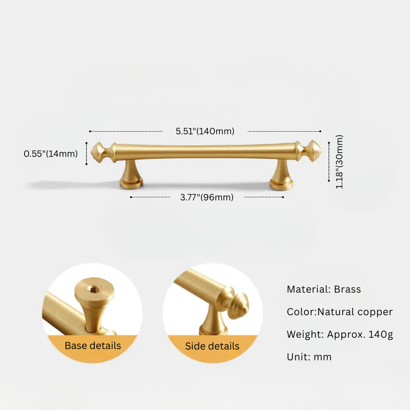 Gold cabinet handle with measurements and details on a white background