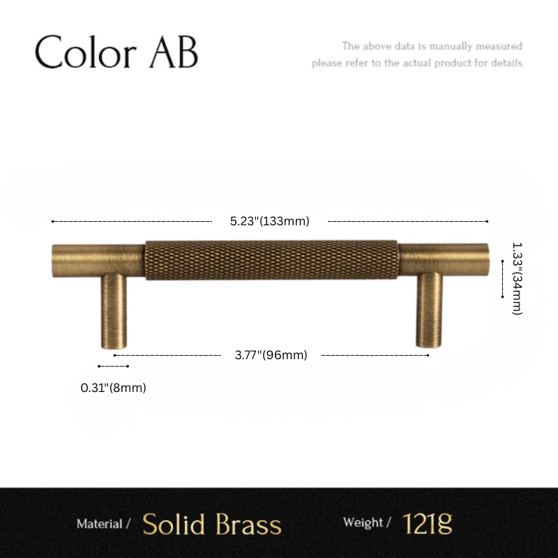 Measurement chart of a solid brass handle with dimensions and material details.