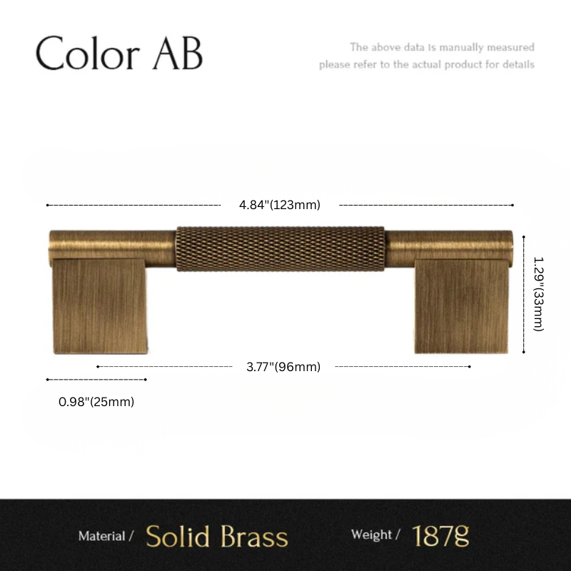 Measurement chart of a solid brass handle with dimensions and material details.