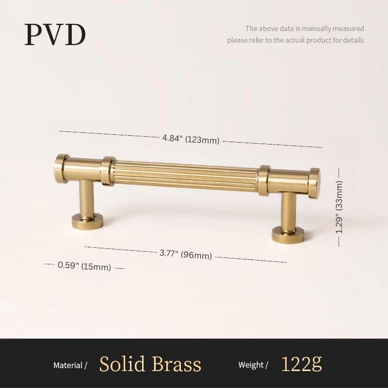 Solid brass cabinet handle with dimensions and material details on a light background