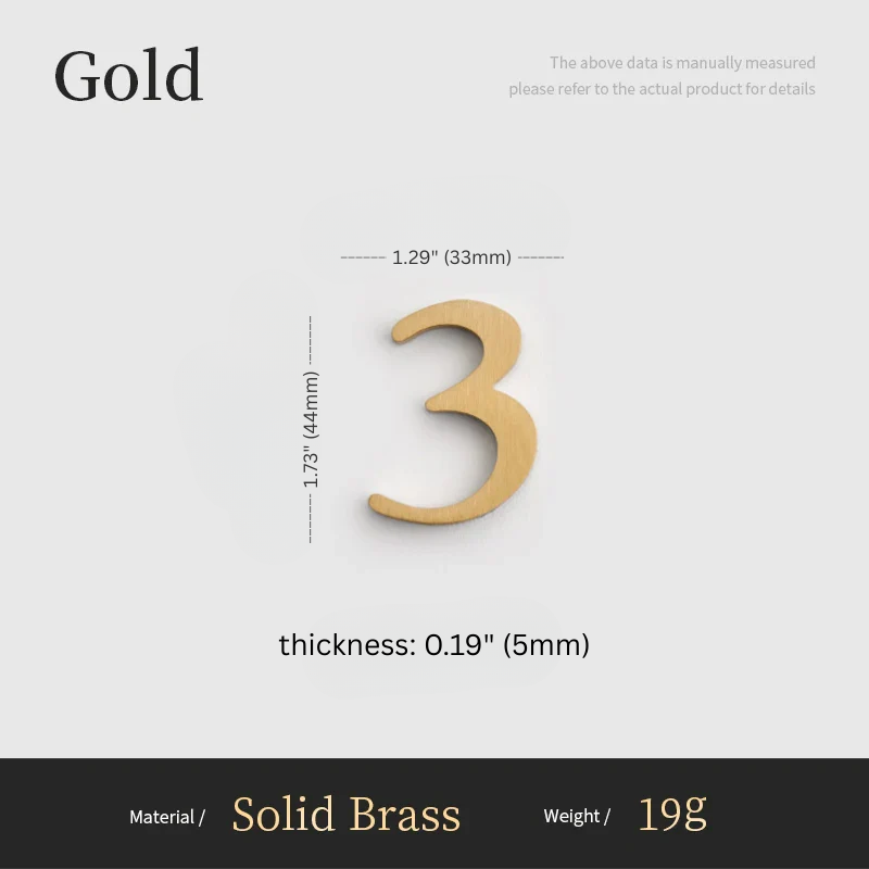 Gold number '3' with measurements on a white background
