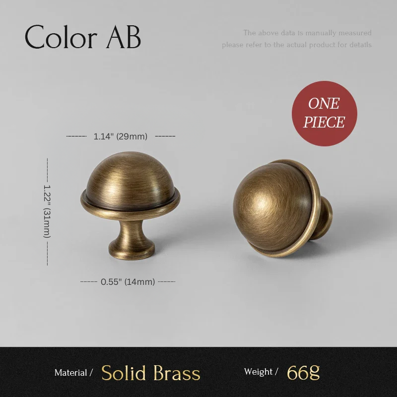 Two brass cabinet knobs with measurements and material details on a gray background