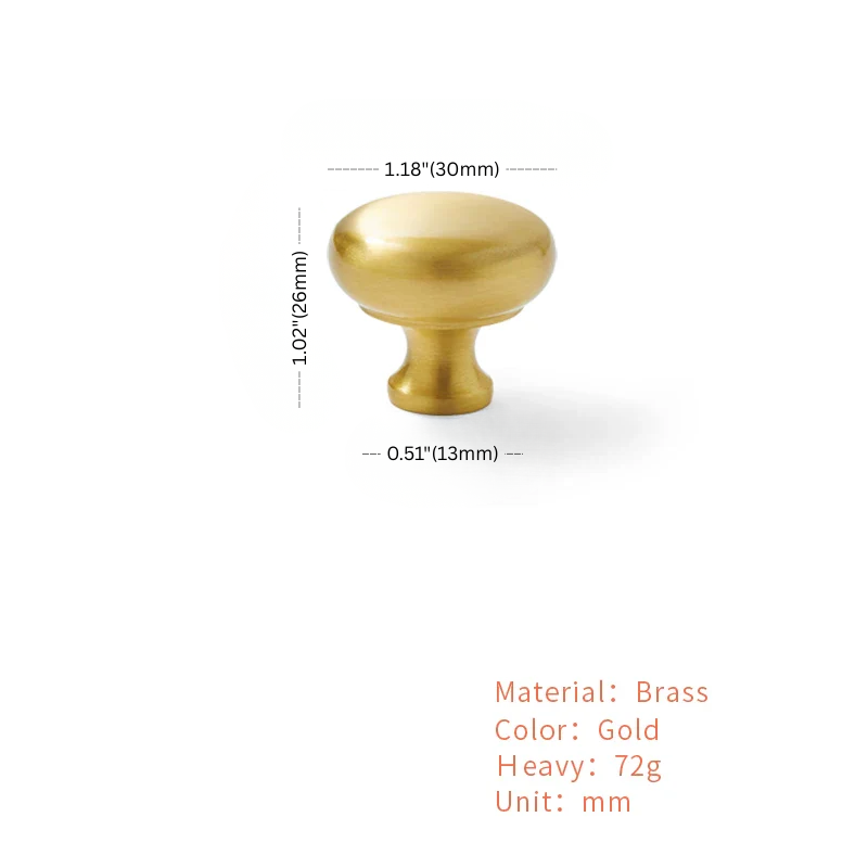 Gold cabinet knob with dimensions and material details on a white background
