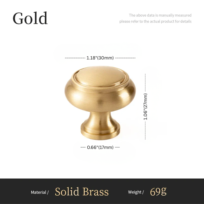 Gold cabinet knob with dimensions and material details on a white background