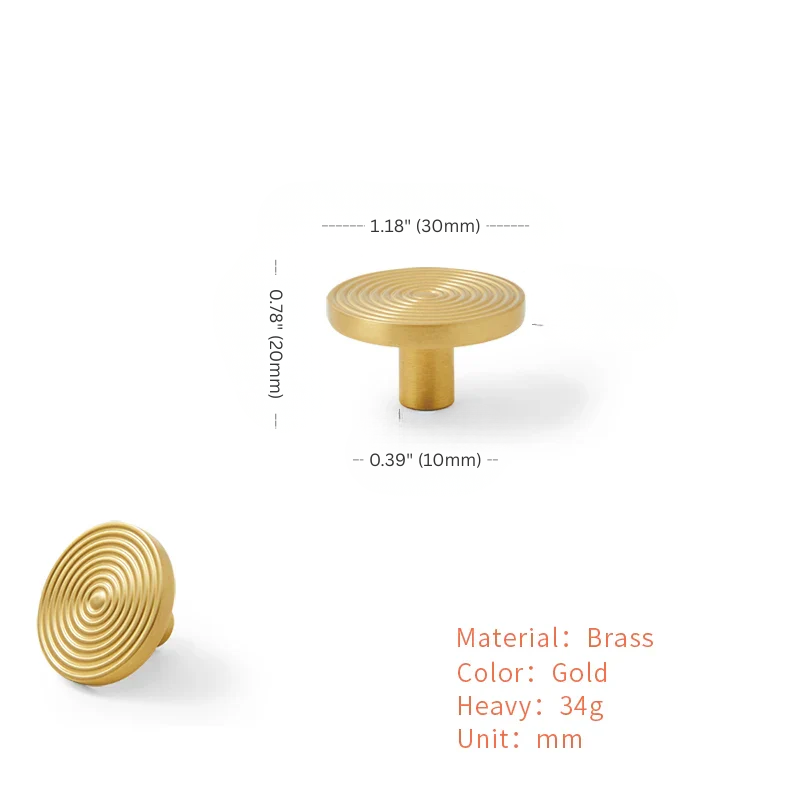 Gold cylindrical object with measurements and material details on a white background