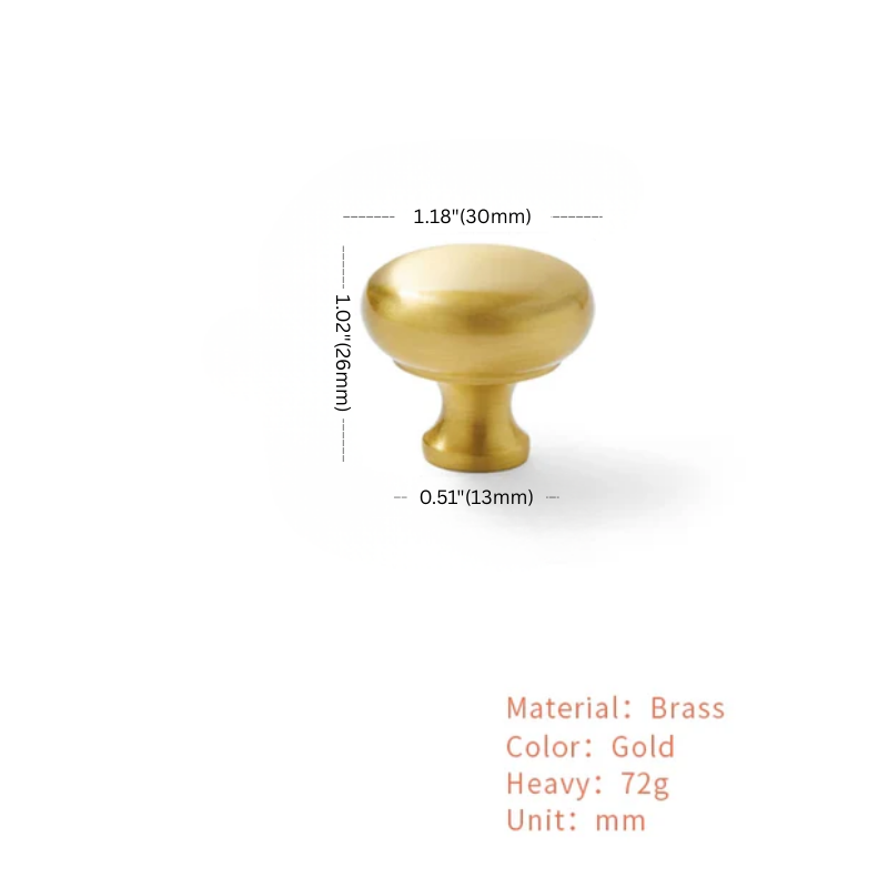 Gold cabinet knob with measurements on a white background