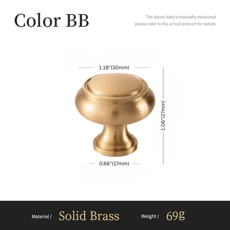 Solid brass cabinet knob with dimensions and material details on a white background