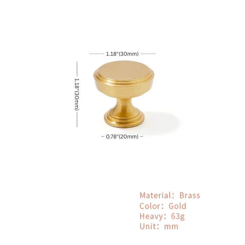 Gold cabinet knob with measurements and material details on a white background