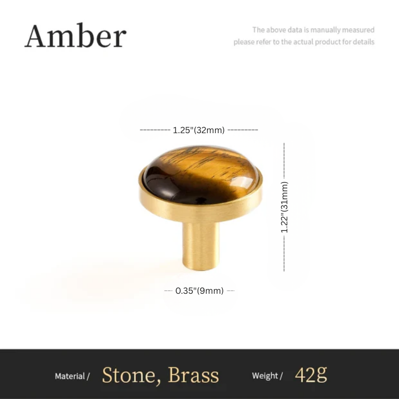 Amber-colored knob with dimensions and material details on a white background
