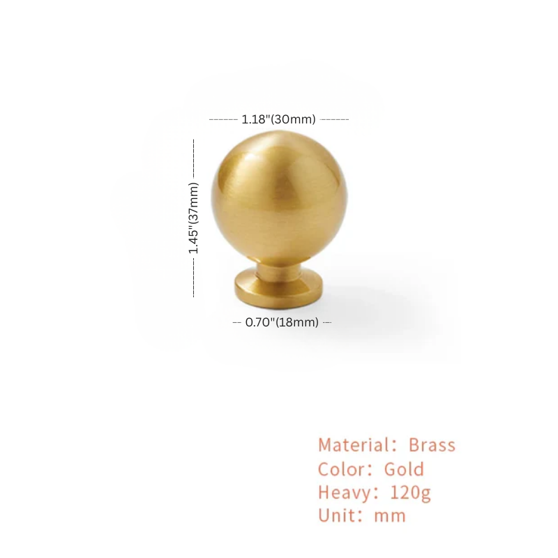 Gold spherical knob with measurements on a white background