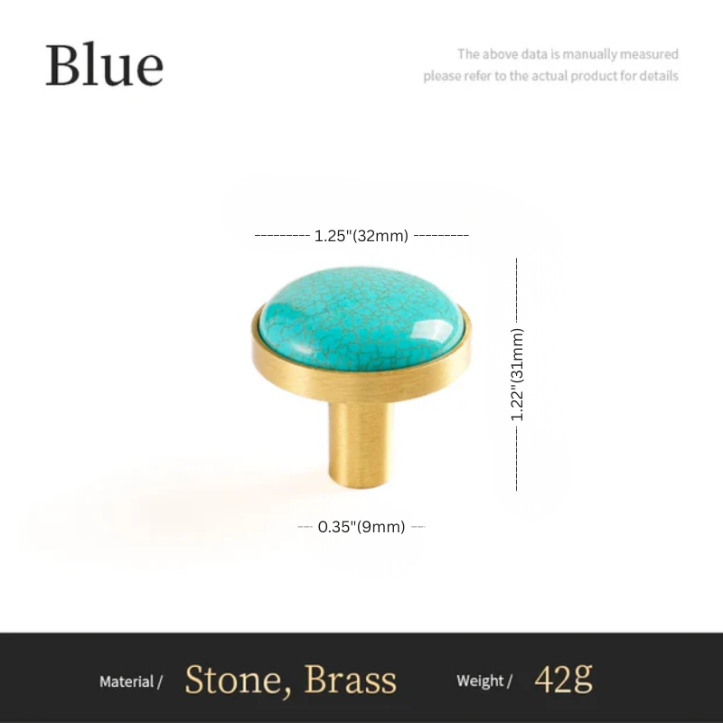Turquoise stone knob with gold base on a white background, showing measurements and material details.