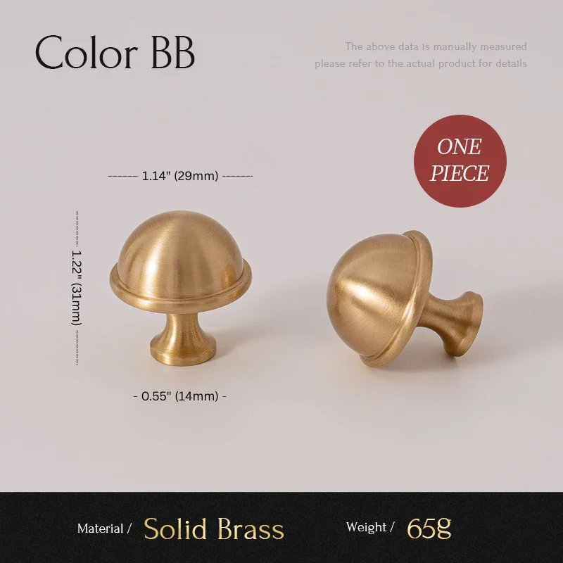 Two solid brass cabinet knobs with measurements and material details on a light gray background.