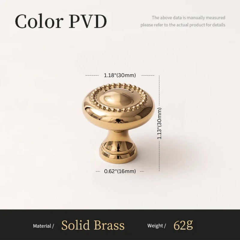Gold cabinet knob with dimensions and material details on a white background