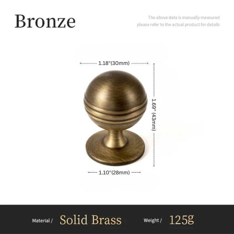 Bronze cabinet knob with measurements and material details on a white background