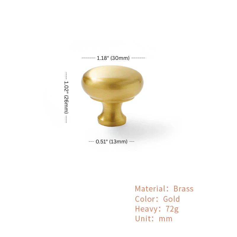Gold cabinet knob with measurements and material details on a white background