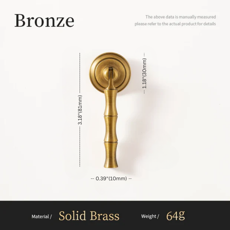 Bronze door handle with dimensions and material details on a white background