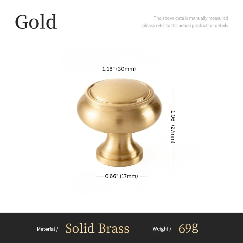 Gold cabinet knob with measurements and material details on a white background