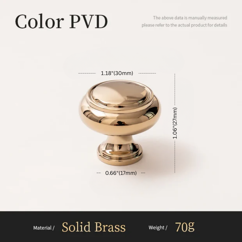 Gold cabinet knob with measurements on a white background