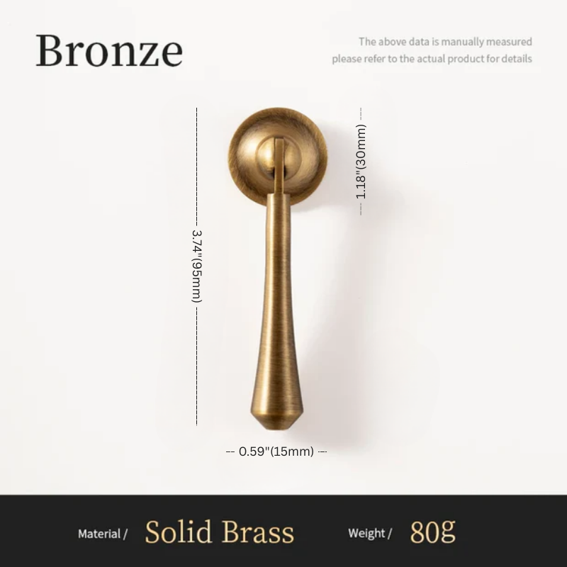 Bronze door handle with dimensions and material details on a white background