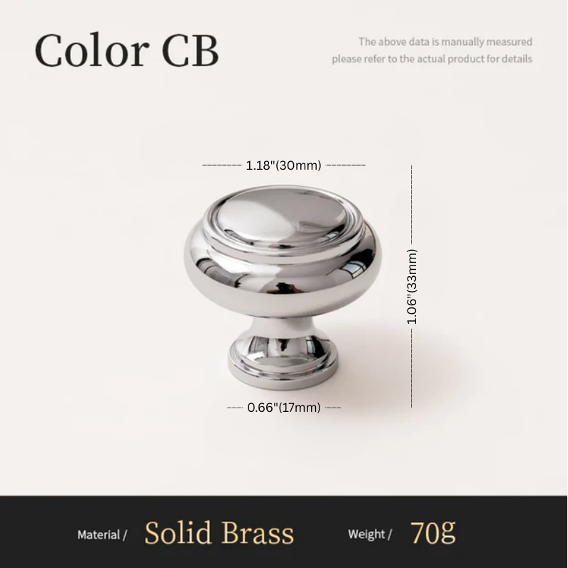 Chrome cabinet knob with dimensions and material details on a white background