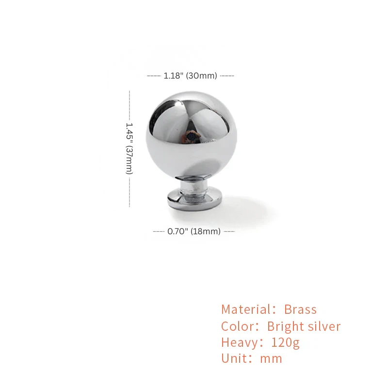 Chrome cabinet knob with dimensions and material details on a white background