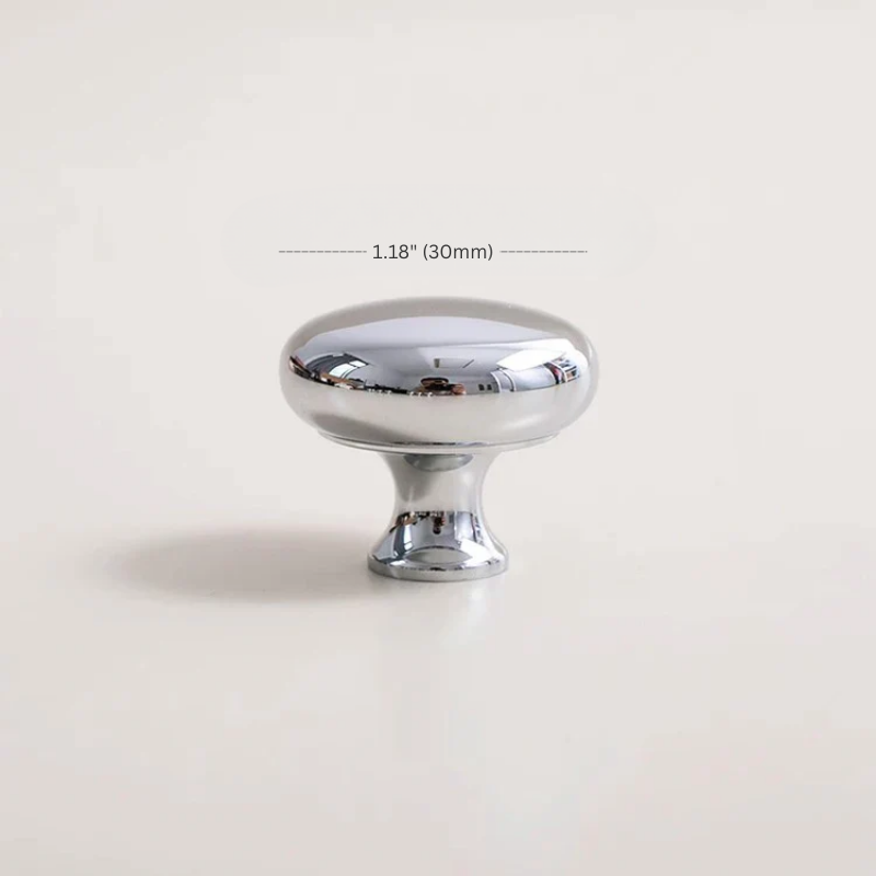 Chrome cabinet knob with measurement label on a white background