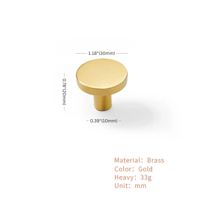 Gold cabinet knob with measurements and material details on a white background