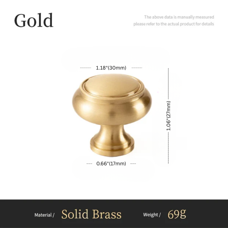 Gold cabinet knob with measurements and product details on a white background