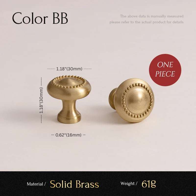 Two solid brass cabinet knobs with measurements and material details on a beige background.