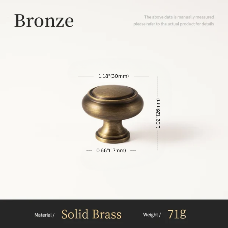 Bronze cabinet knob with measurements on a white background