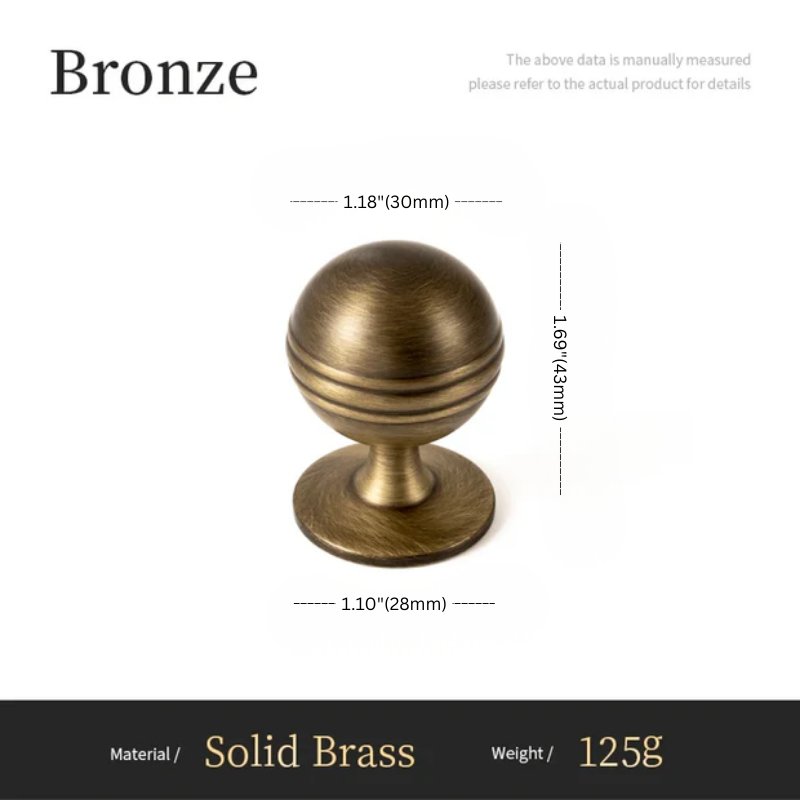 Bronze cabinet knob with measurements and material details on a white background
