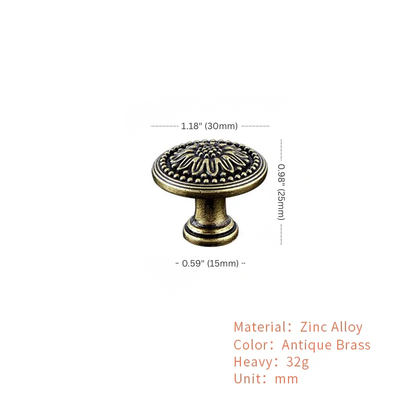 Antique brass cabinet knob with dimensions and material details on a white background