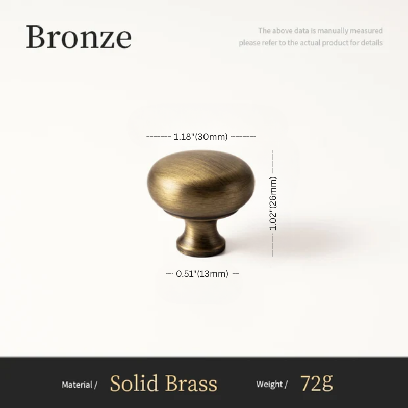 Bronze cabinet knob with measurements on a white background