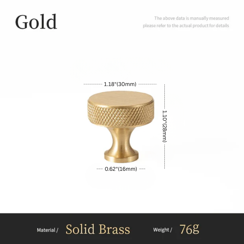 Gold cabinet knob with dimensions and material details on a white background