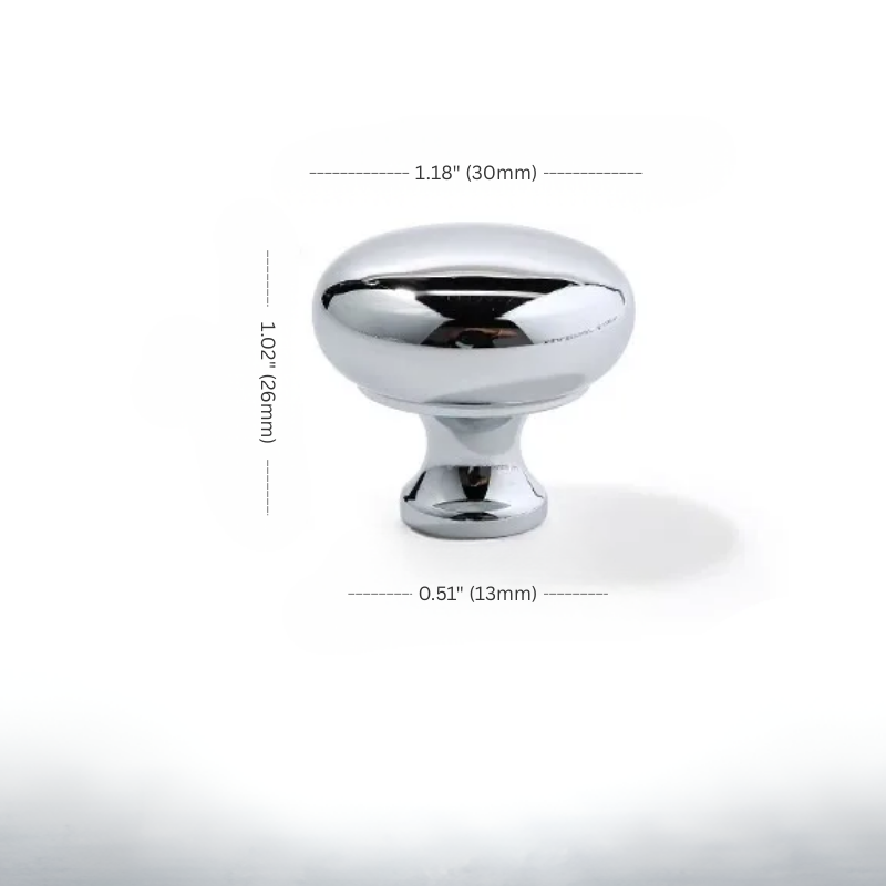 Chrome cabinet knob with dimensions on a white background