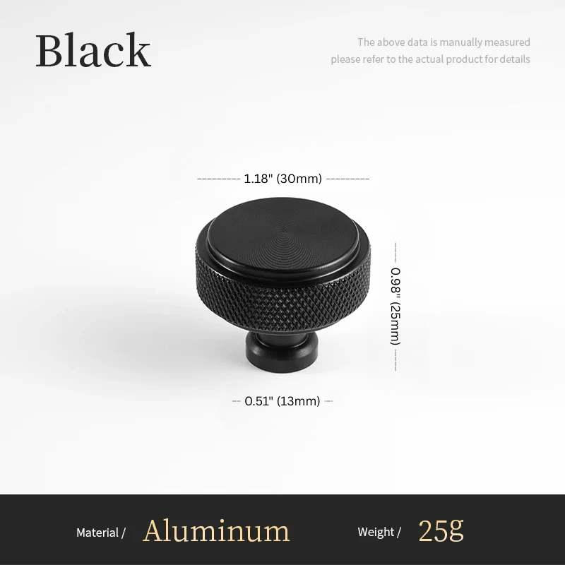 Black aluminum knob with measurements on a white background