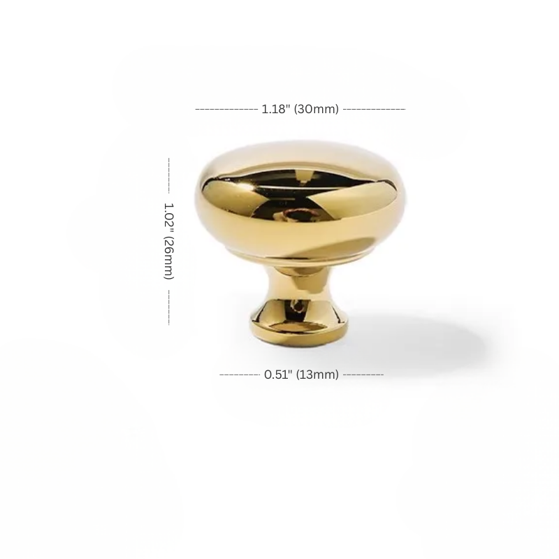 Gold cabinet knob with dimensions on a white background