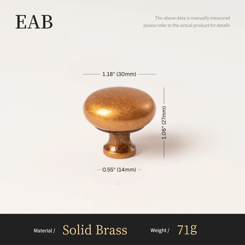 Solid brass knob with dimensions and material details on a white background