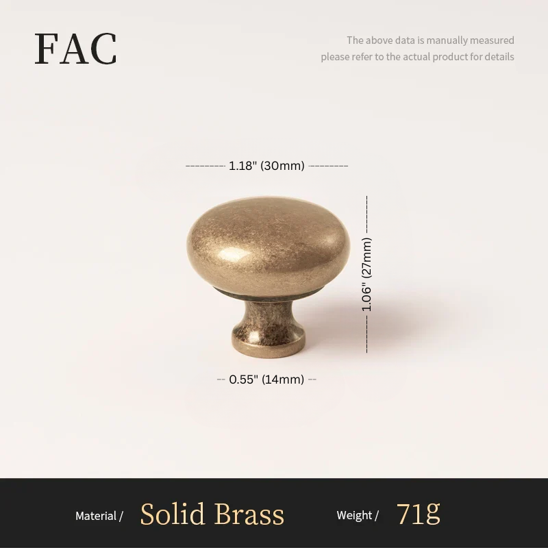 Brass cabinet knob with dimensions and material details on a white background