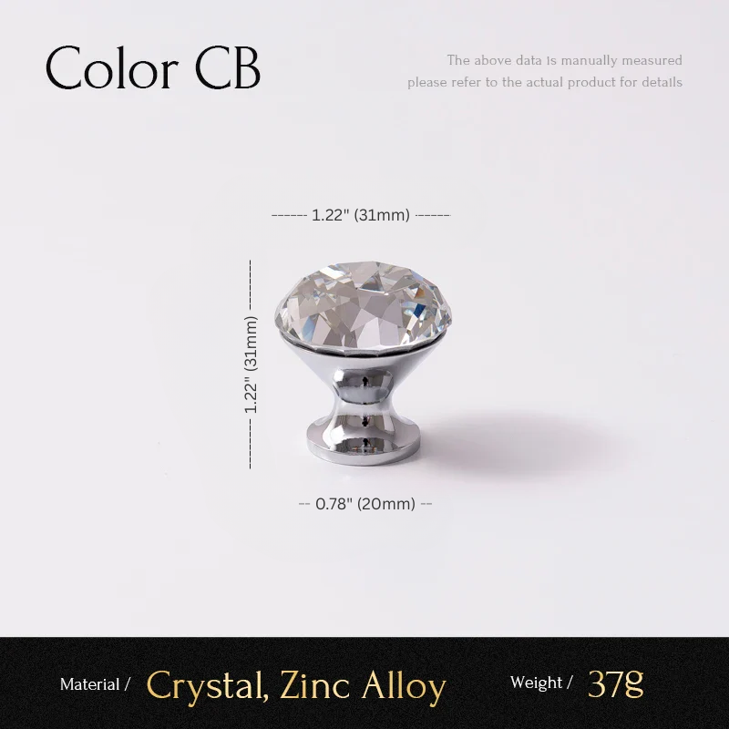 Crystal cabinet knob with measurements on a white background