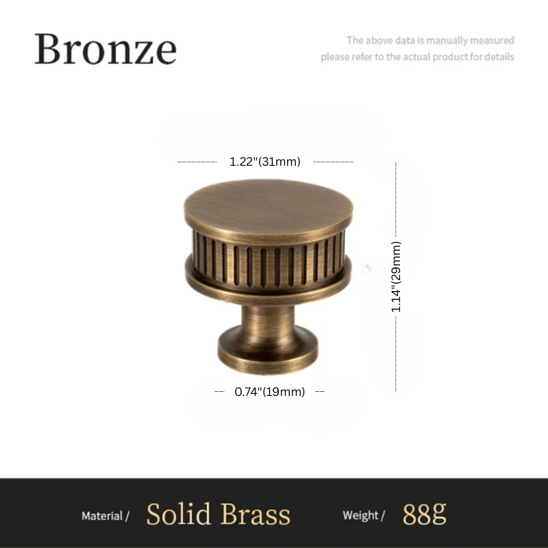 Bronze cabinet knob with dimensions and material details on a white background