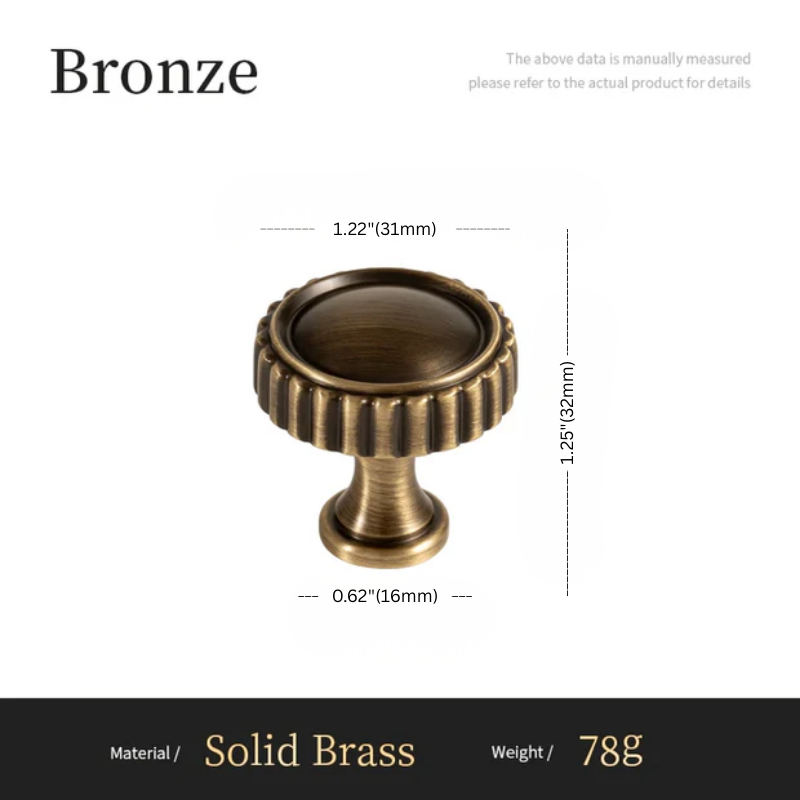 Bronze cabinet knob with dimensions and material details on a white background