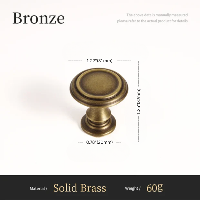 Bronze cabinet knob with measurements on a white background