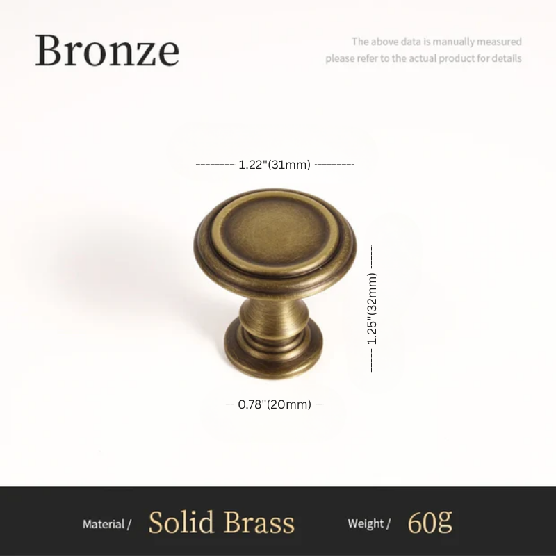 Bronze cabinet knob with measurements on a white background