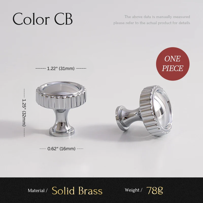 Two silver cabinet knobs with measurements and material details on a white background