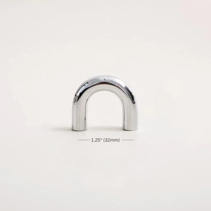 Chrome U-shaped metal bracket on a white background with measurement text.