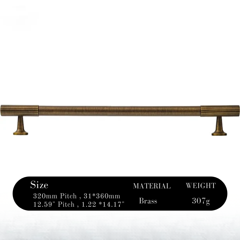 Brass cabinet pull with technical specifications on a white background